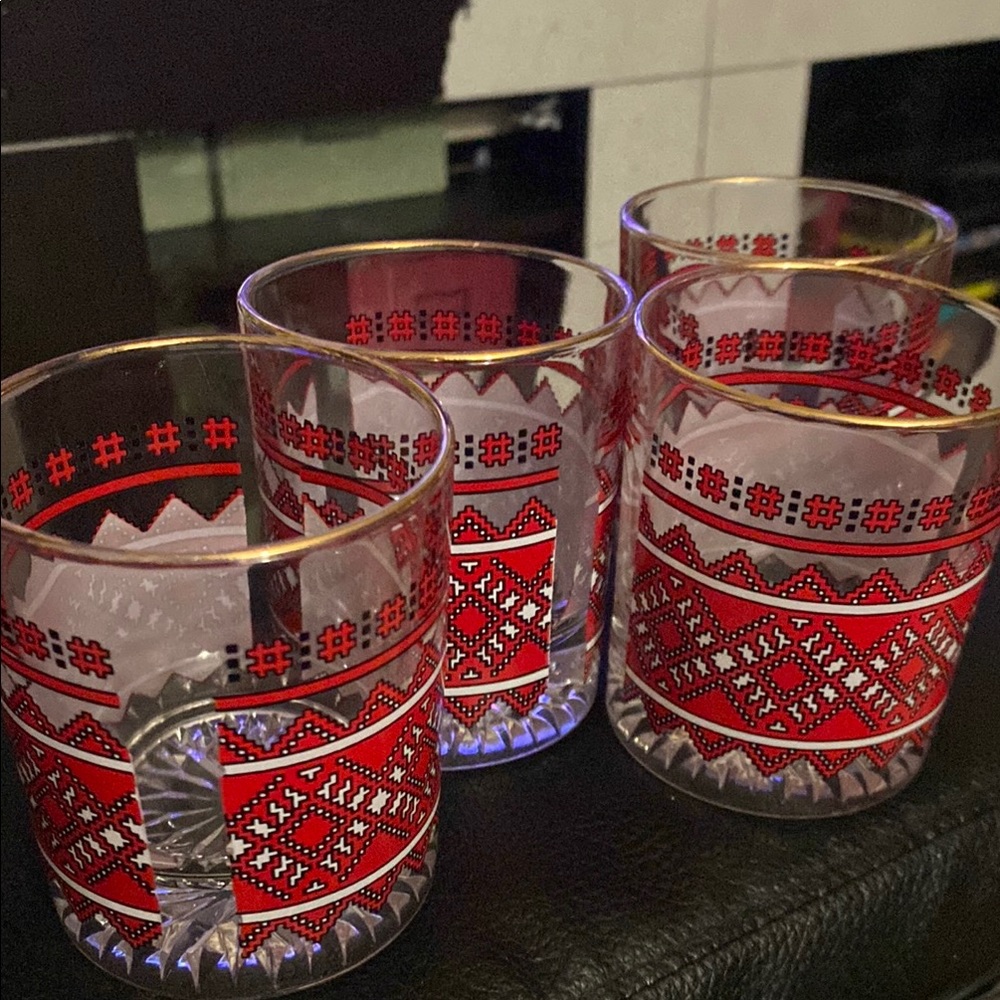 Set of Four Red Patterned Glasses